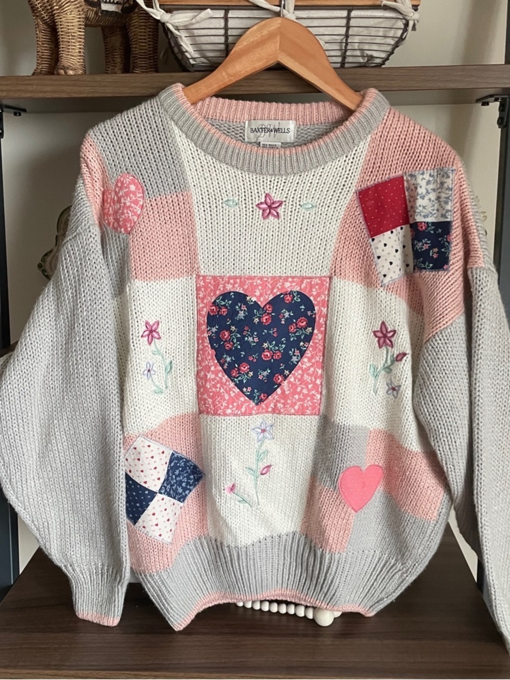 VINTAGE Patchwork Heart Knit Sweater - Pink, Gray & Cream, SIZE XL